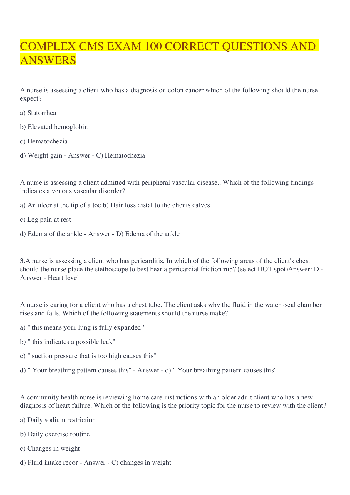 Preview image of COMPLEX CMS EXAM 100 CORRECT QUESTIONS AND ANSWERS document